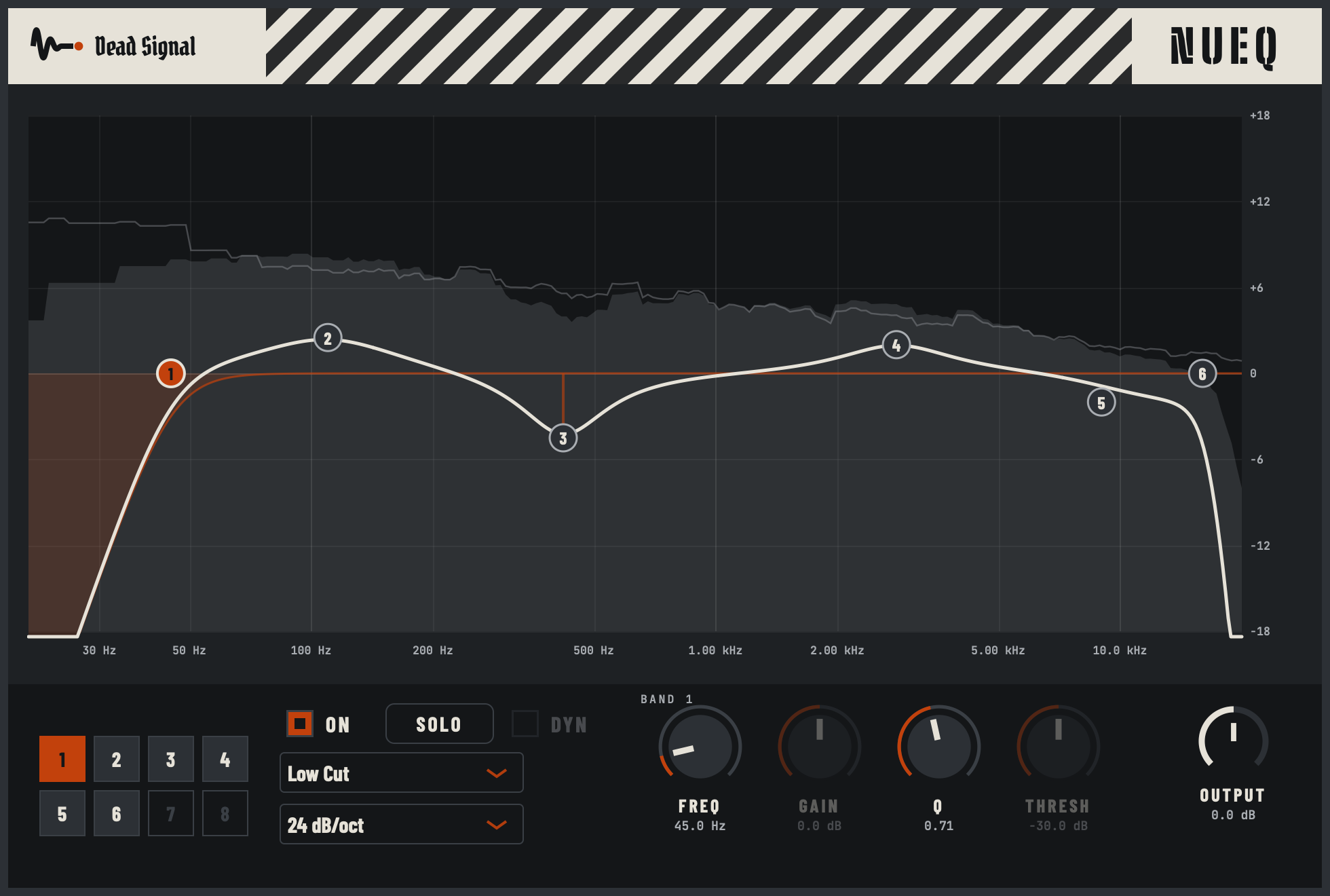 The NuEQ equalizer: a live analyzer with an EQ curve and numbered band nodes